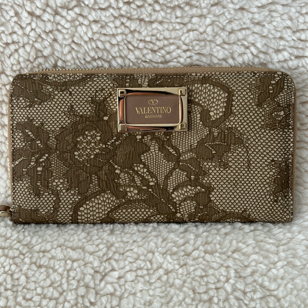 Valentino Leather Lace Floral Print Zip Around Wallet